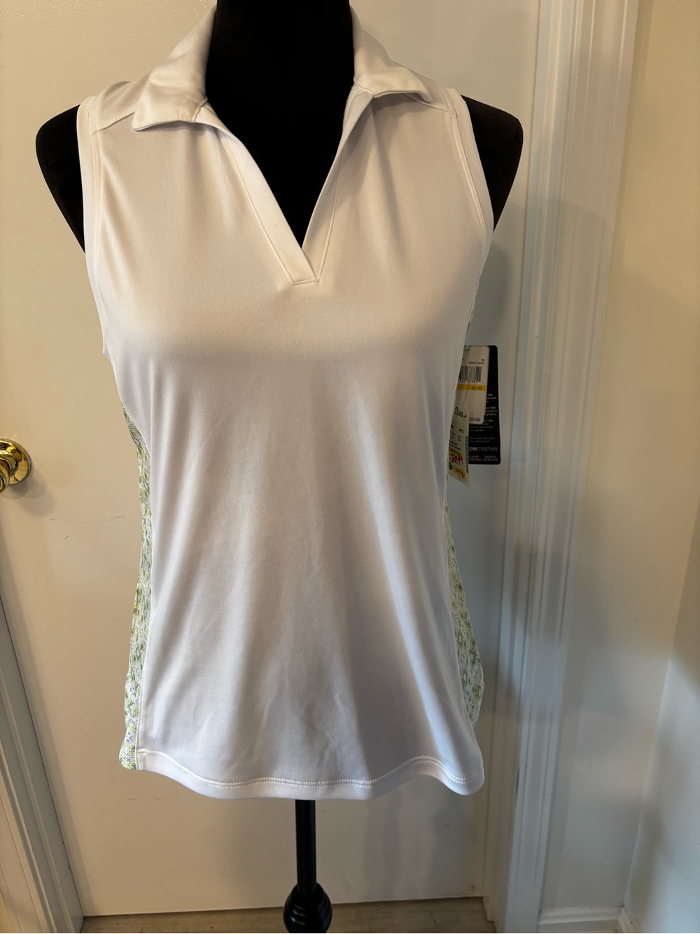 PGA Tour White Sleeveless Collared Golf Top with Green Side Panels